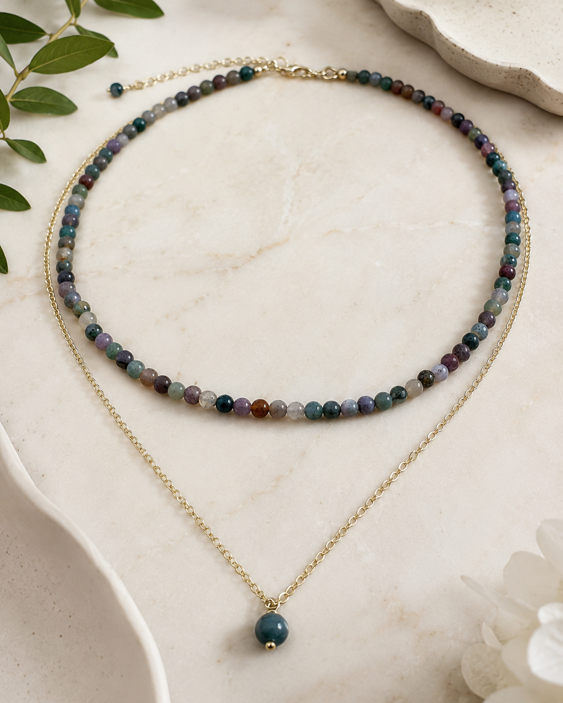 Indian Agate & Burmese Jade Layered Choker Necklace