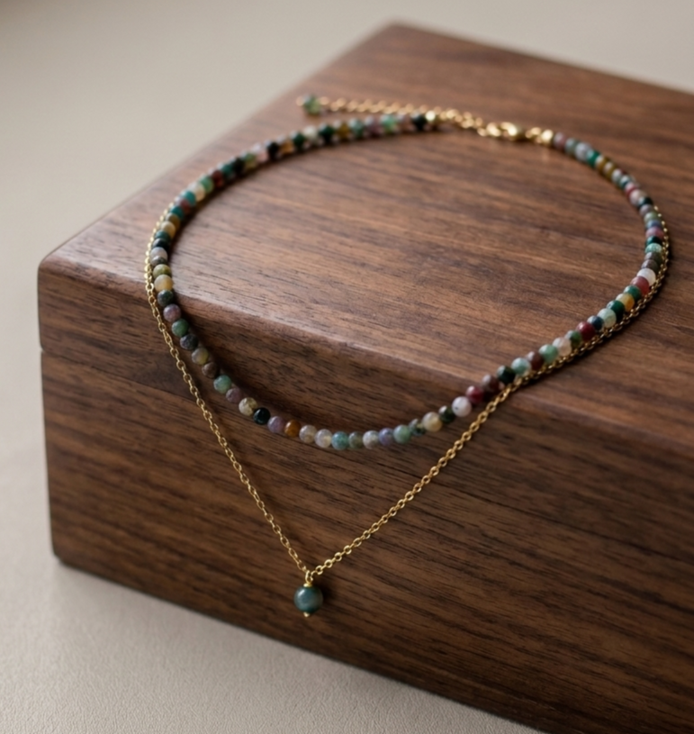 Indian Agate & Burmese Jade Layered Choker Necklace