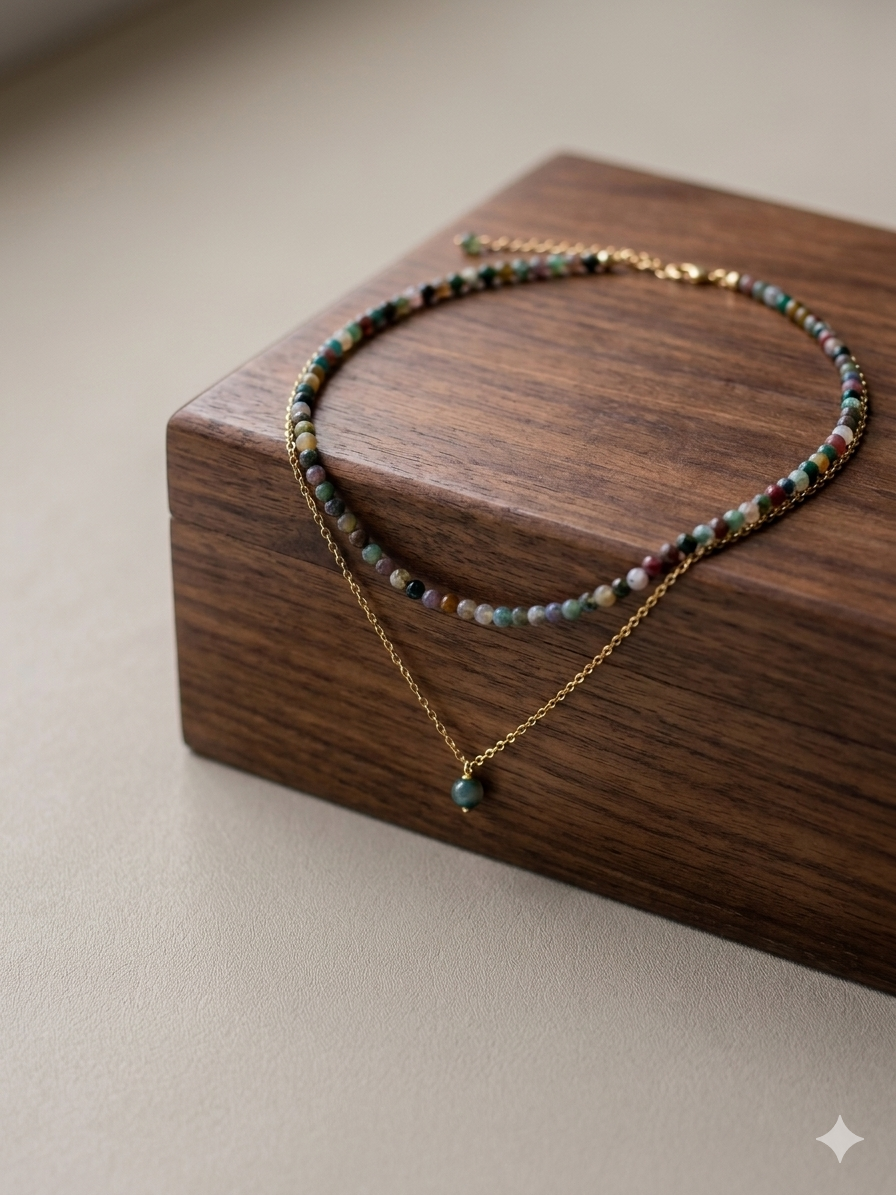 Indian Agate & Burmese Jade Layered Choker Necklace