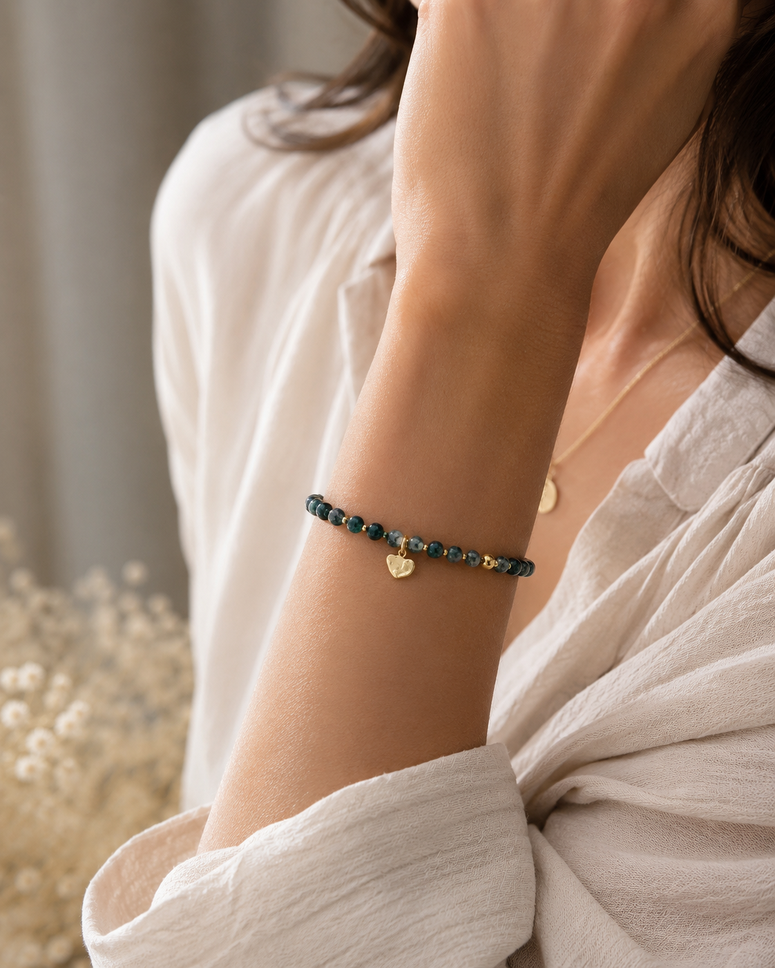 Moss Agate Bracelet with Organic Gold Charm
