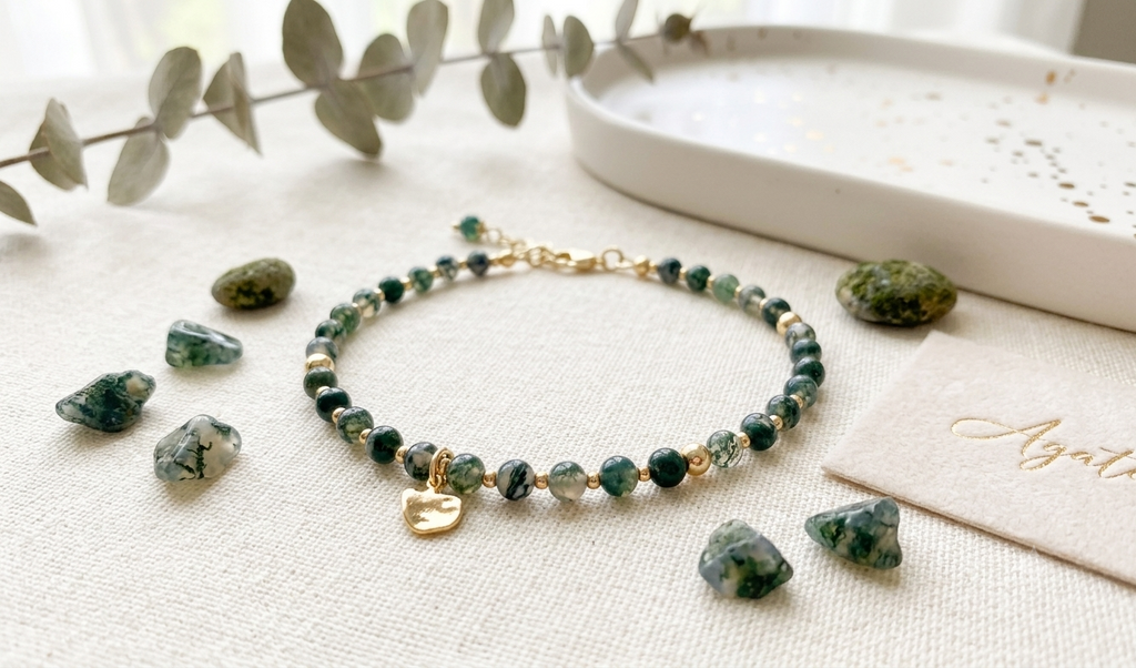 Moss Agate Bracelet with Organic Gold Charm