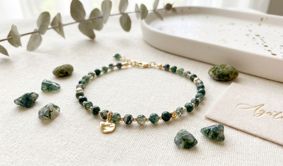 Moss Agate Bracelet with Organic Gold Charm