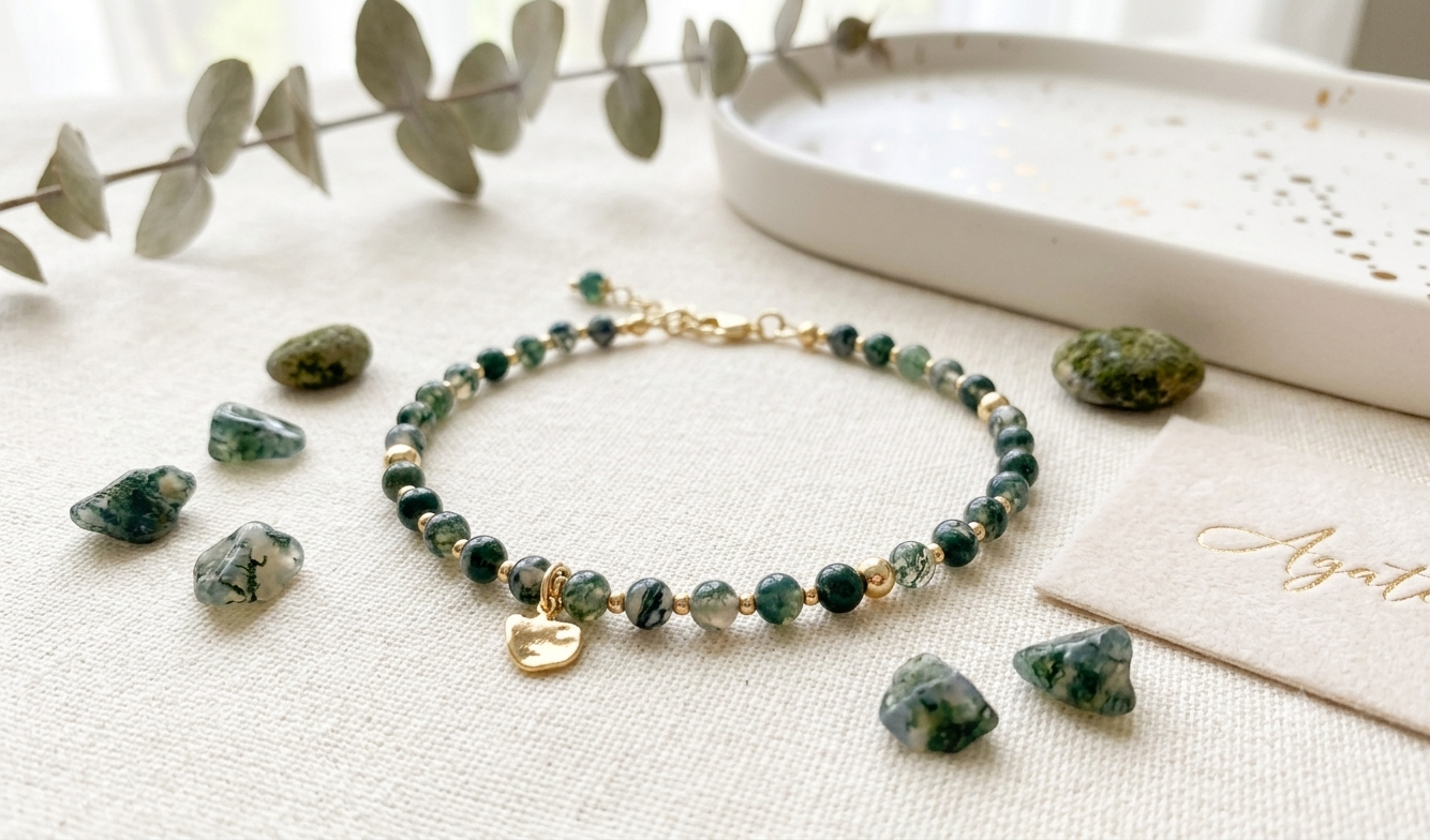 Moss Agate Bracelet with Organic Gold Charm