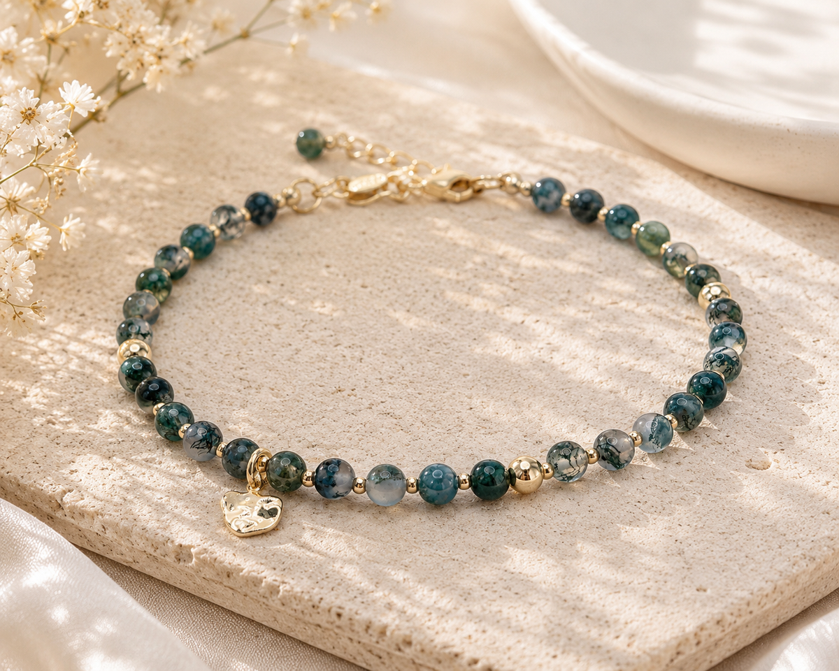Moss Agate Bracelet with Organic Gold Charm