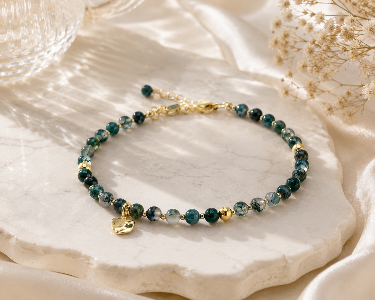 Moss Agate Bracelet with Organic Gold Charm