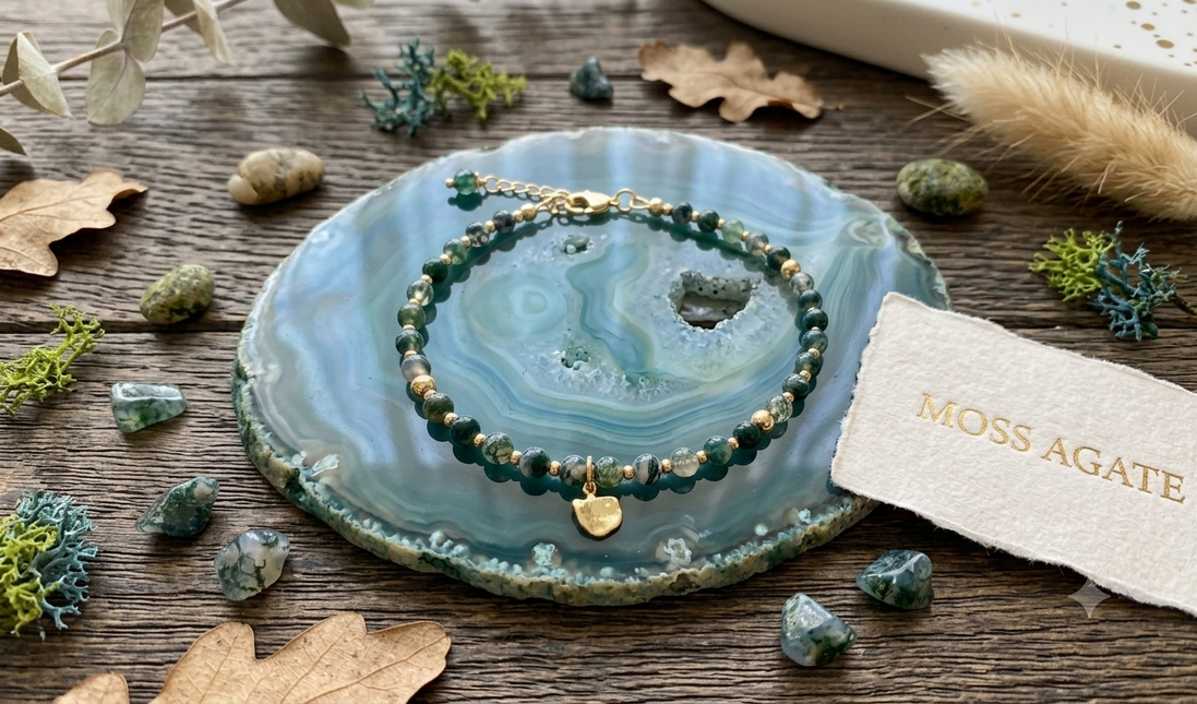 Moss Agate Bracelet with Organic Gold Charm