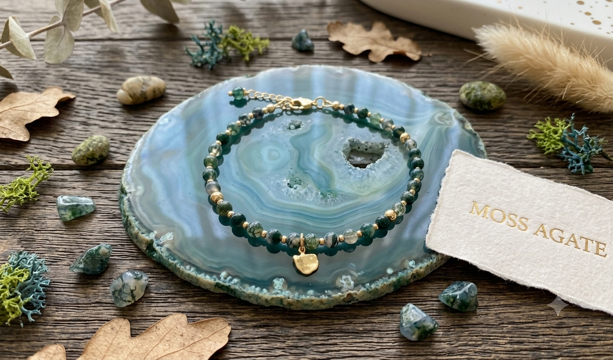 Moss Agate Bracelet with Organic Gold Charm