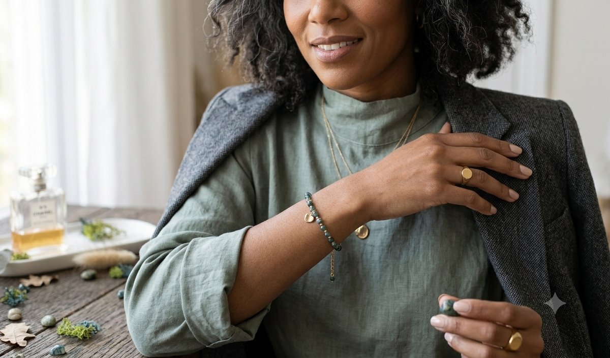 Moss Agate Bracelet with Organic Gold Charm