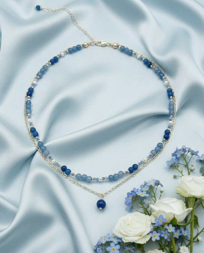 Layered Aventurine, Kyanite & Pearl Choker Necklace