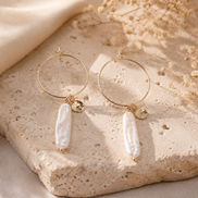 White Biwa Pearl Hoop Earrings
