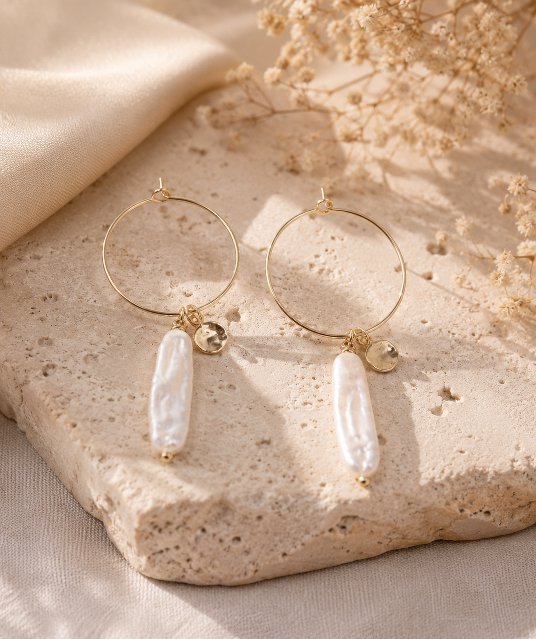 White Biwa Pearl Hoop Earrings