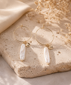 White Biwa Pearl Hoop Earrings