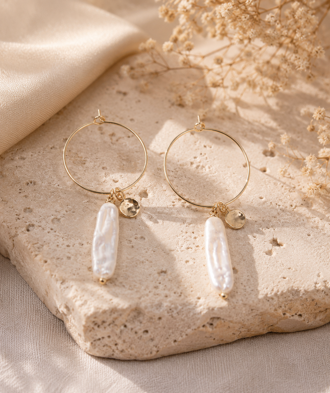 White Biwa Pearl Hoop Earrings