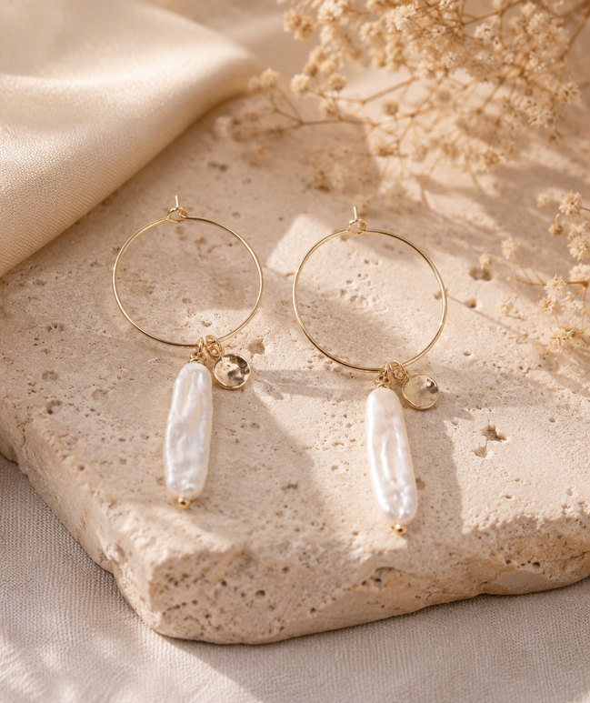 White Biwa Pearl Hoop Earrings