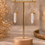 White Biwa Pearl Hoop Earrings