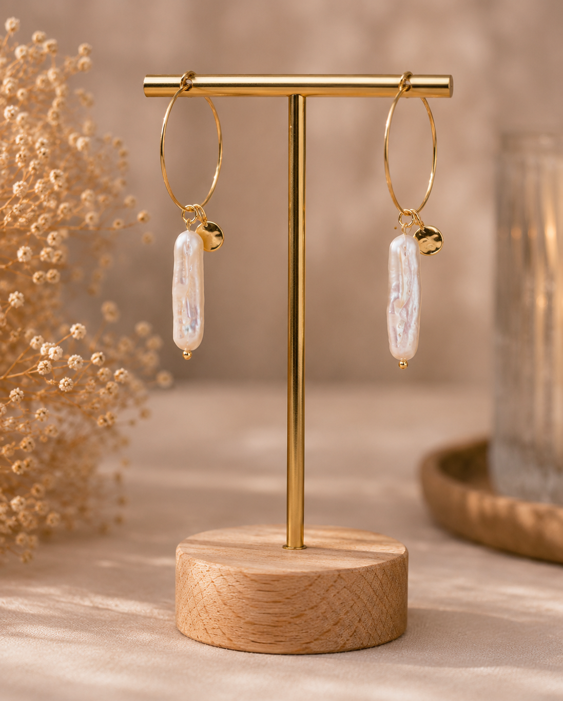 White Biwa Pearl Hoop Earrings