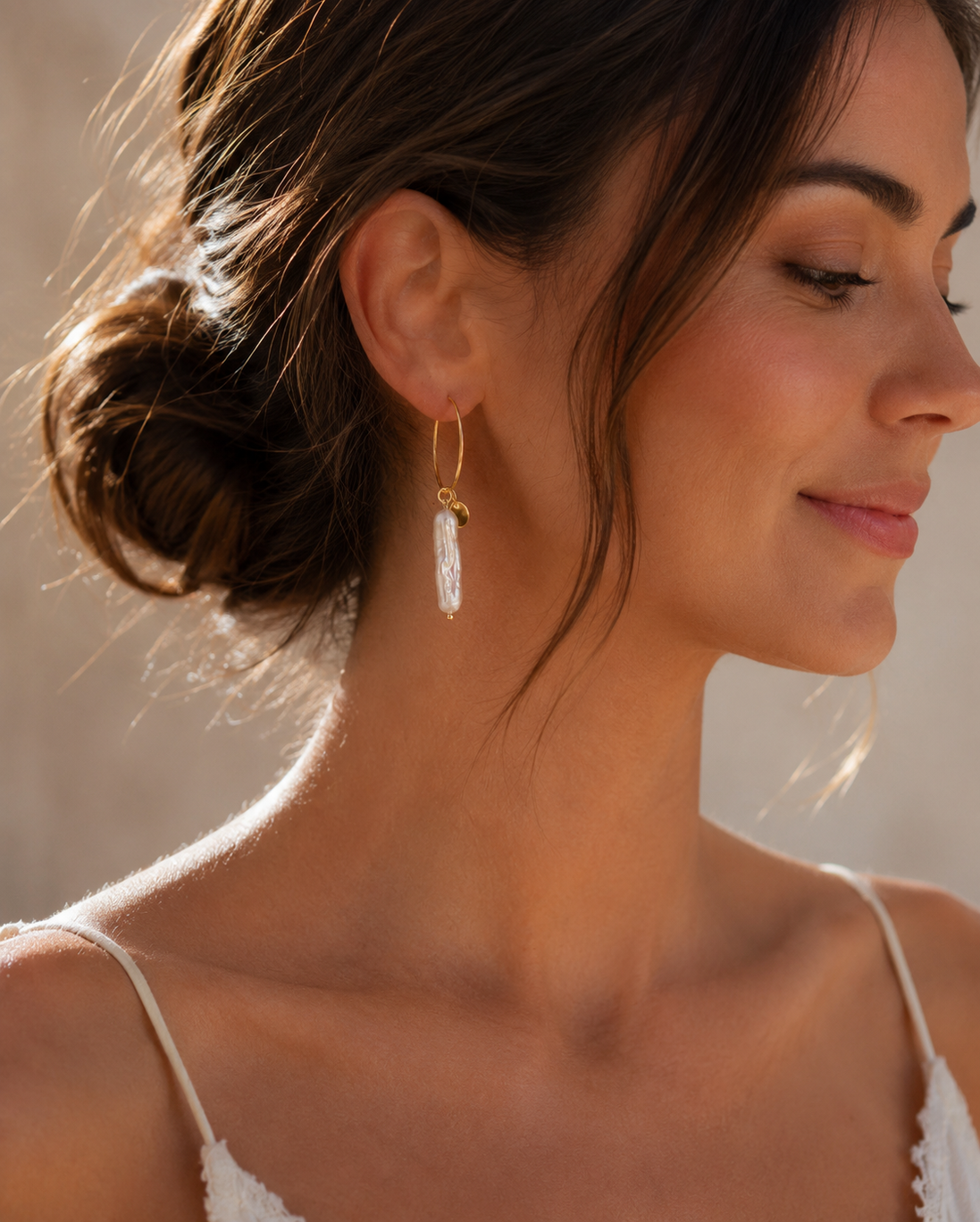 White Biwa Pearl Hoop Earrings