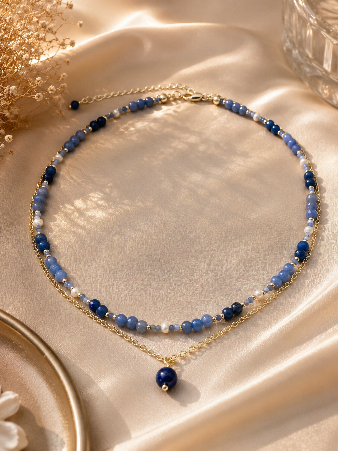 Layered Aventurine, Kyanite & Pearl Choker Necklace