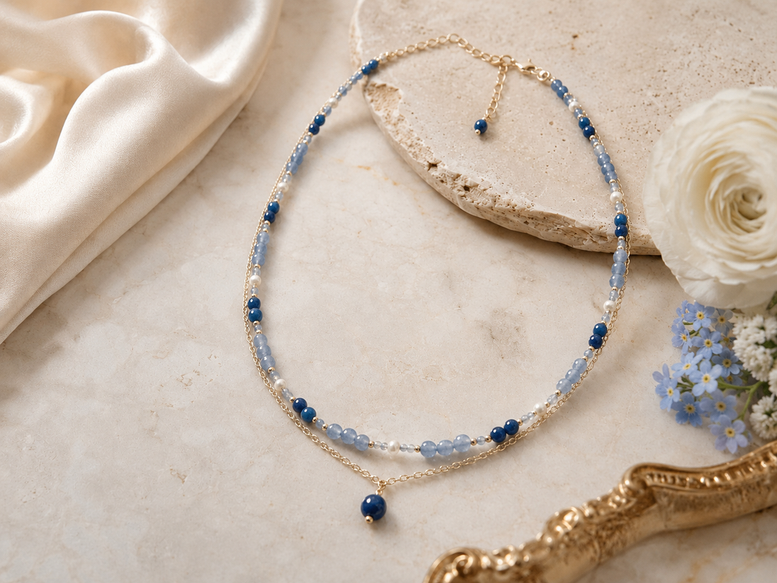 Layered Aventurine, Kyanite & Pearl Choker Necklace