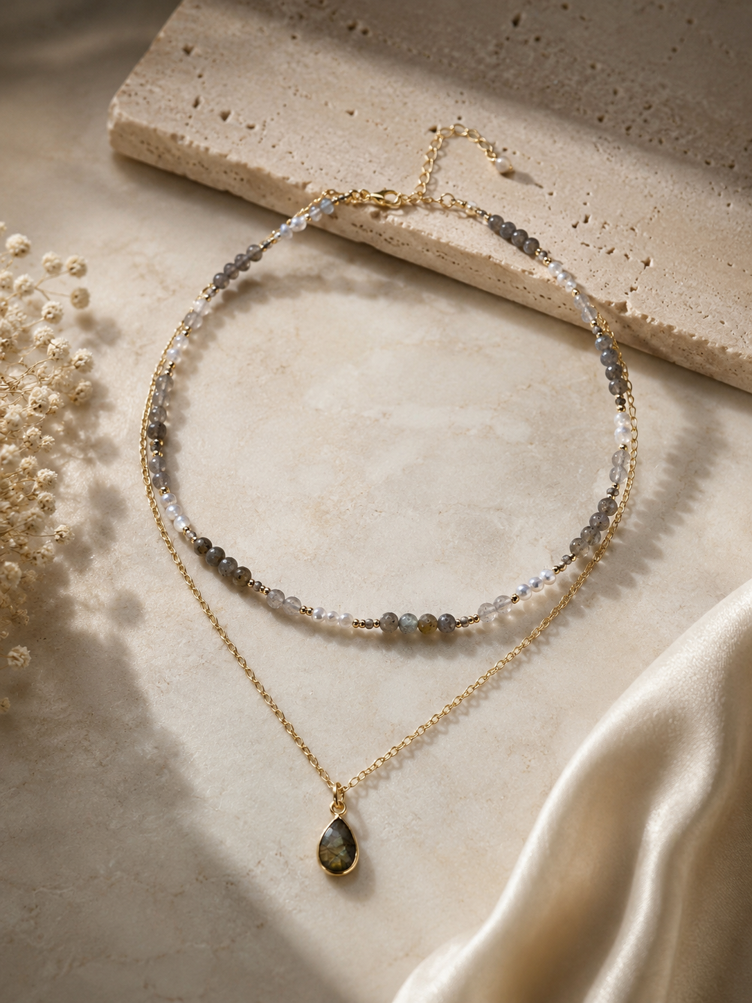Layered Labradorite, Smoky Quartz & Grey Pearl Necklace