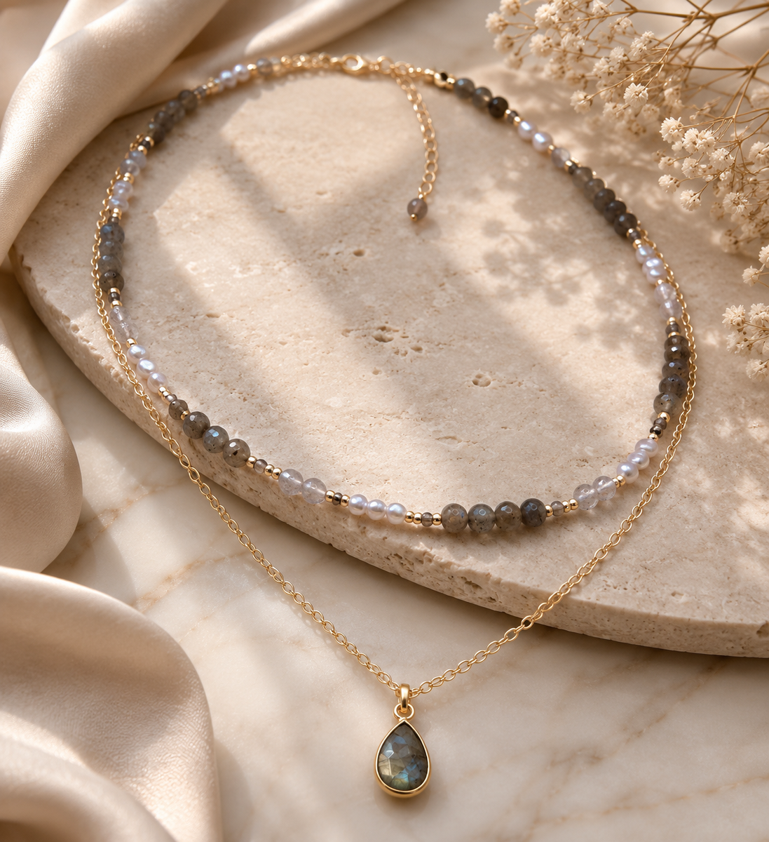 Layered Labradorite, Smoky Quartz & Grey Pearl Necklace