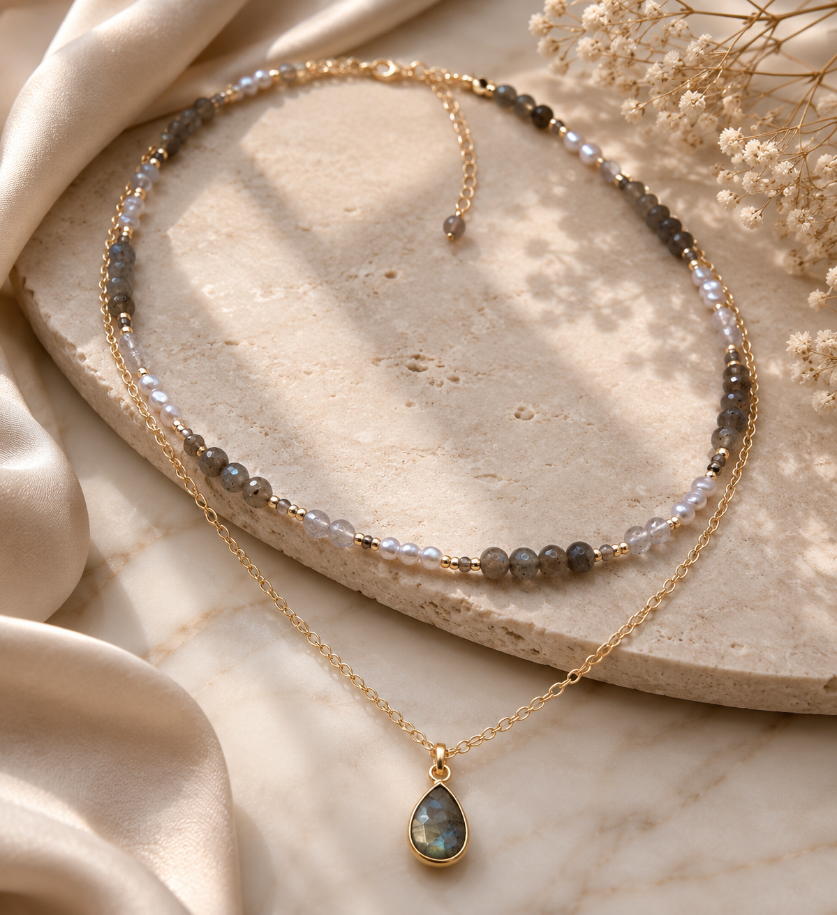 Layered Labradorite, Smoky Quartz & Grey Pearl Necklace