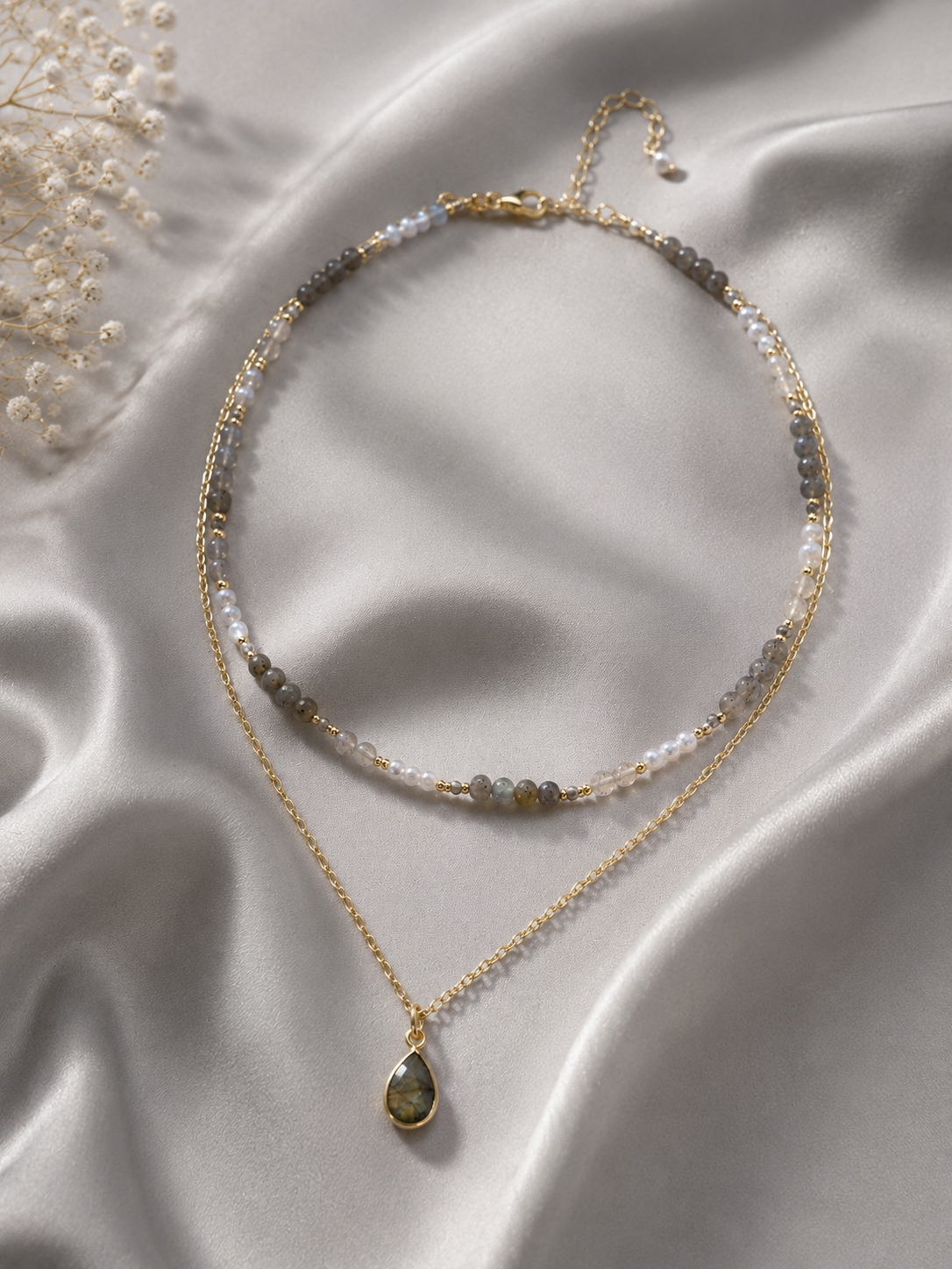 Layered Labradorite, Smoky Quartz & Grey Pearl Necklace