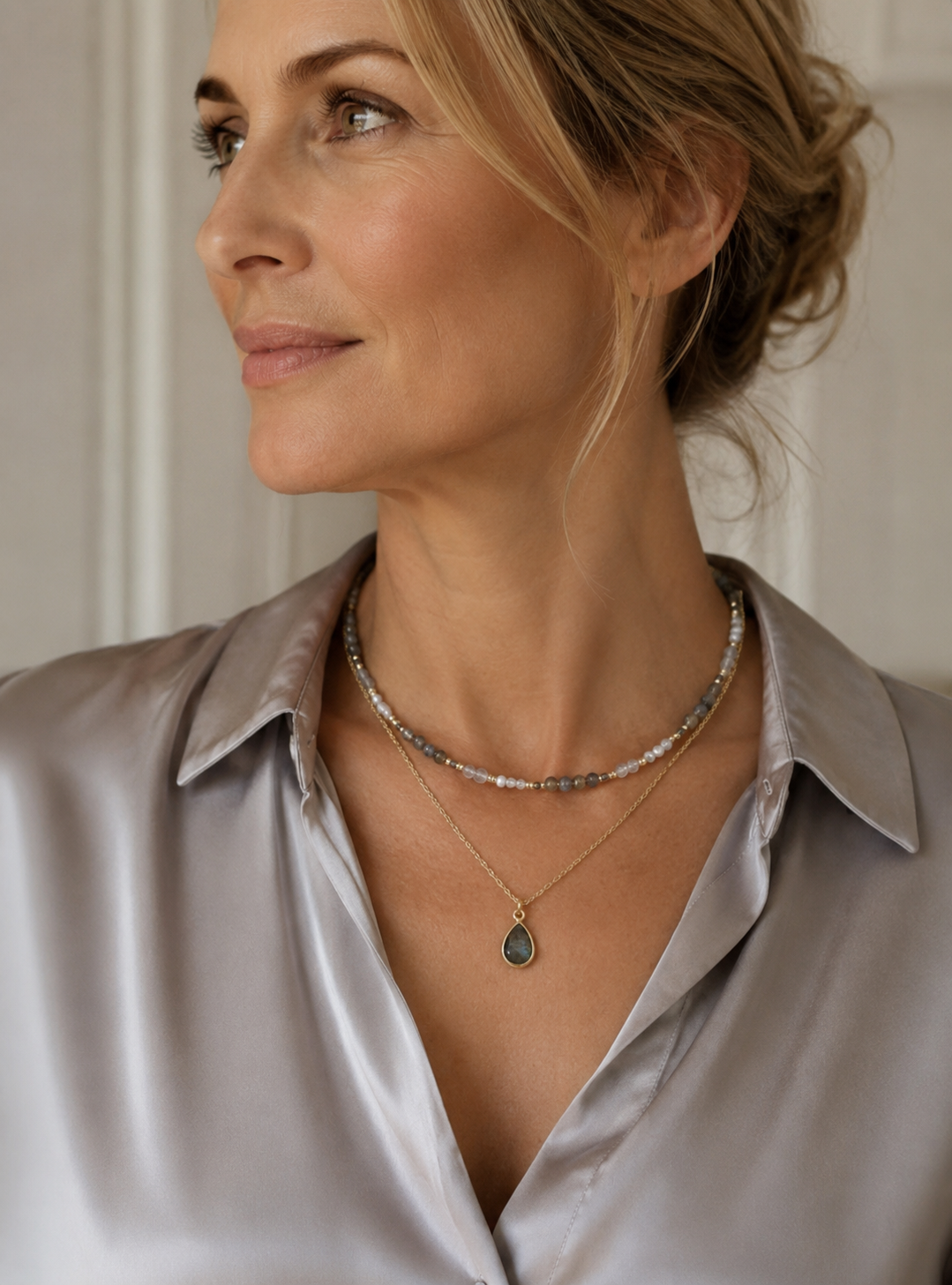 Layered Labradorite, Smoky Quartz & Grey Pearl Necklace