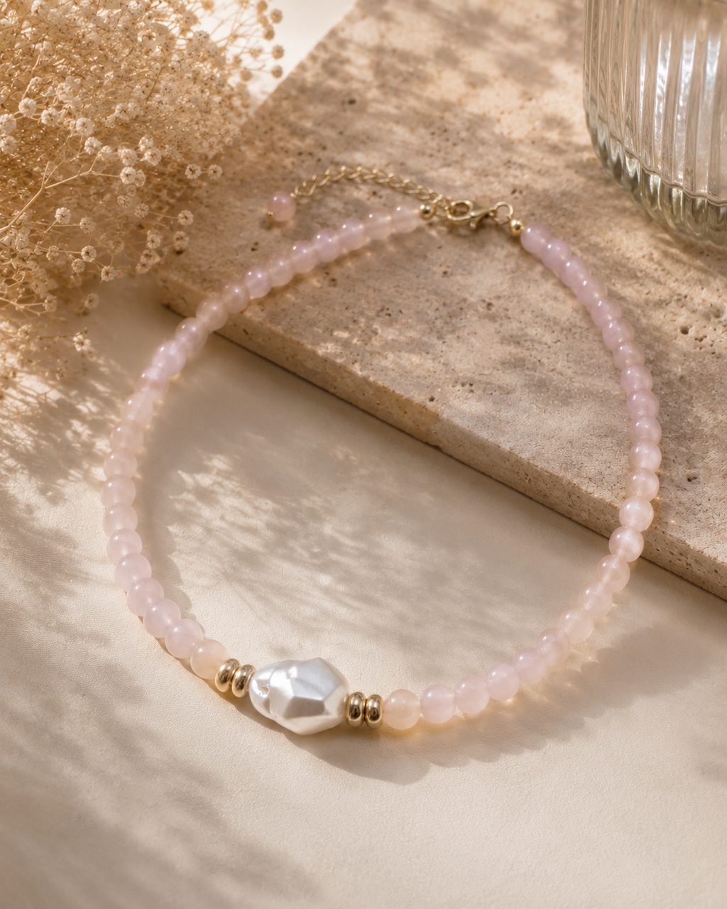 Rose Quartz & Baroque Pearl Necklace