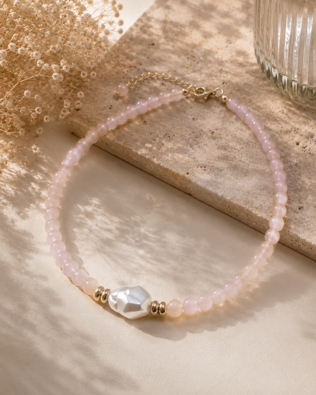 Rose Quartz & Baroque Pearl Necklace