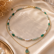 Layered Green Strawberry Quartz, Aquamarine & Pearl Necklace