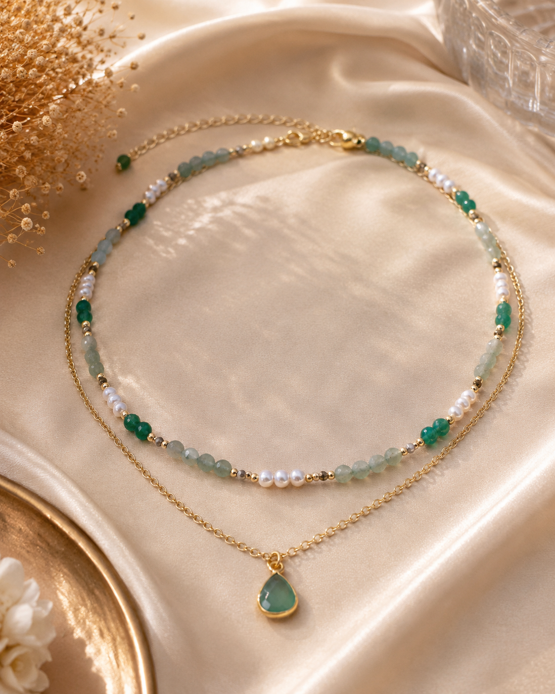 Layered Green Strawberry Quartz, Aquamarine & Pearl Necklace