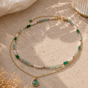 Layered Green Strawberry Quartz, Aquamarine & Pearl Necklace