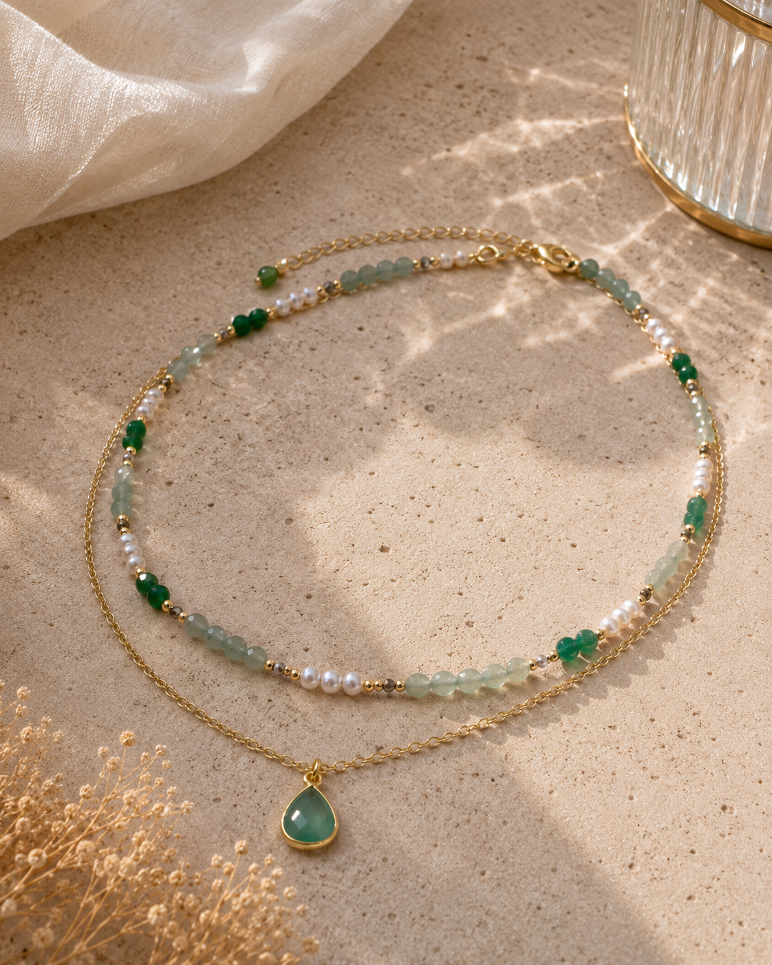 Layered Green Strawberry Quartz, Aquamarine & Pearl Necklace
