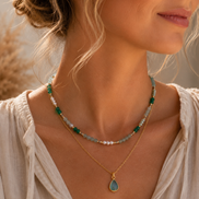 Layered Green Strawberry Quartz, Aquamarine & Pearl Necklace
