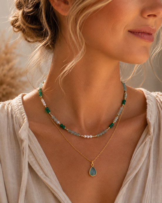 Layered Green Strawberry Quartz, Aquamarine & Pearl Necklace