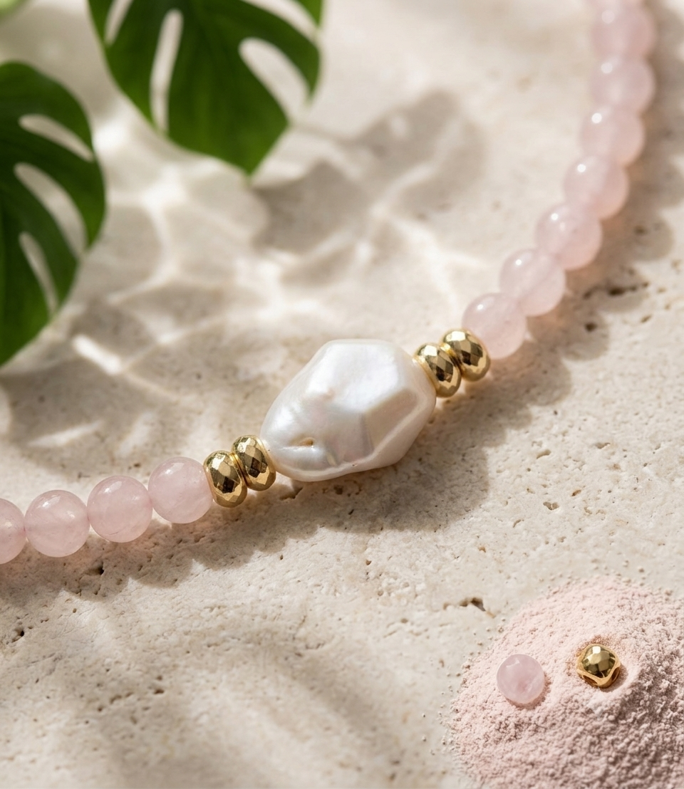 Rose Quartz & Baroque Pearl Necklace