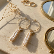 White Biwa Pearl Hoop Earrings
