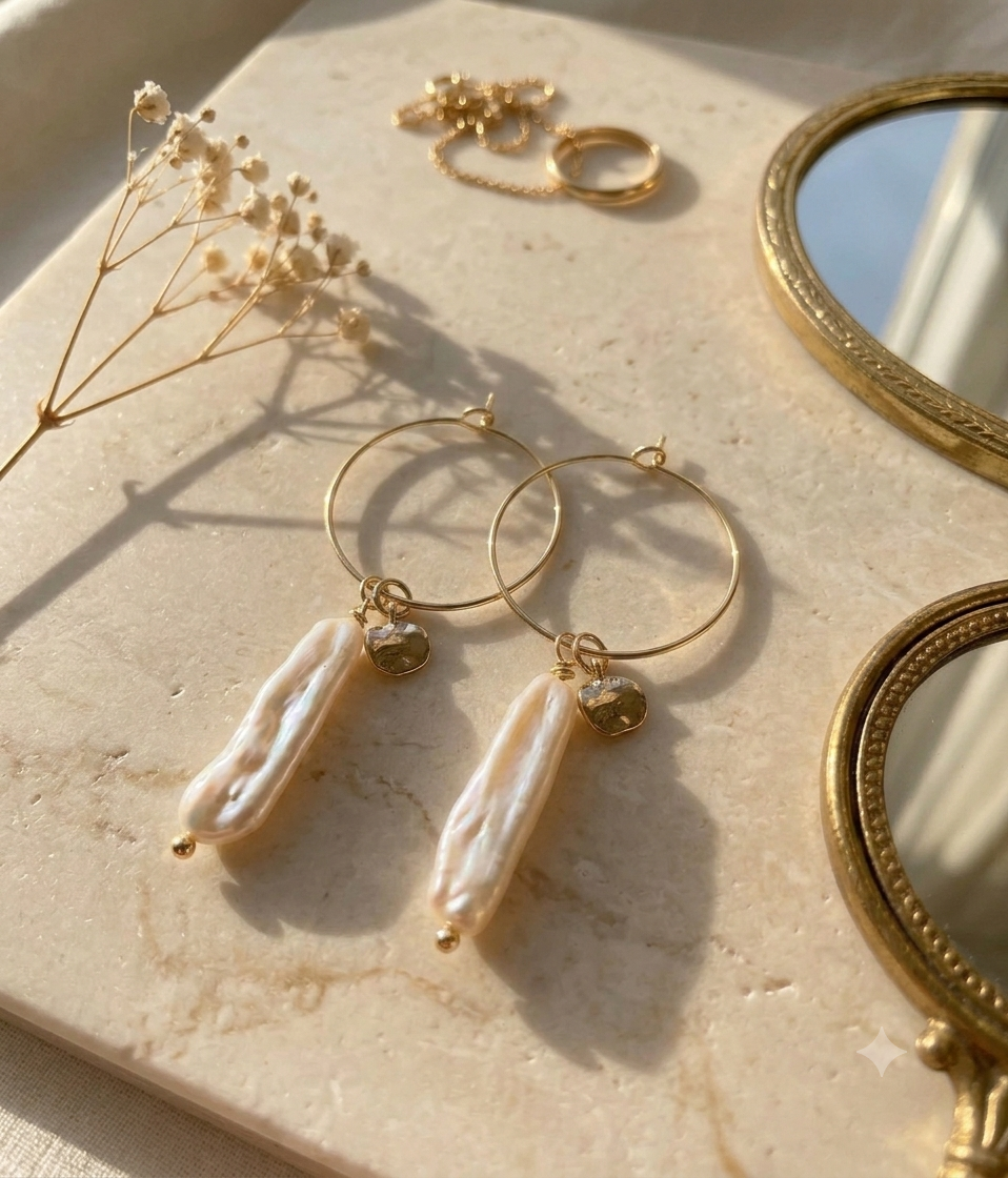 White Biwa Pearl Hoop Earrings
