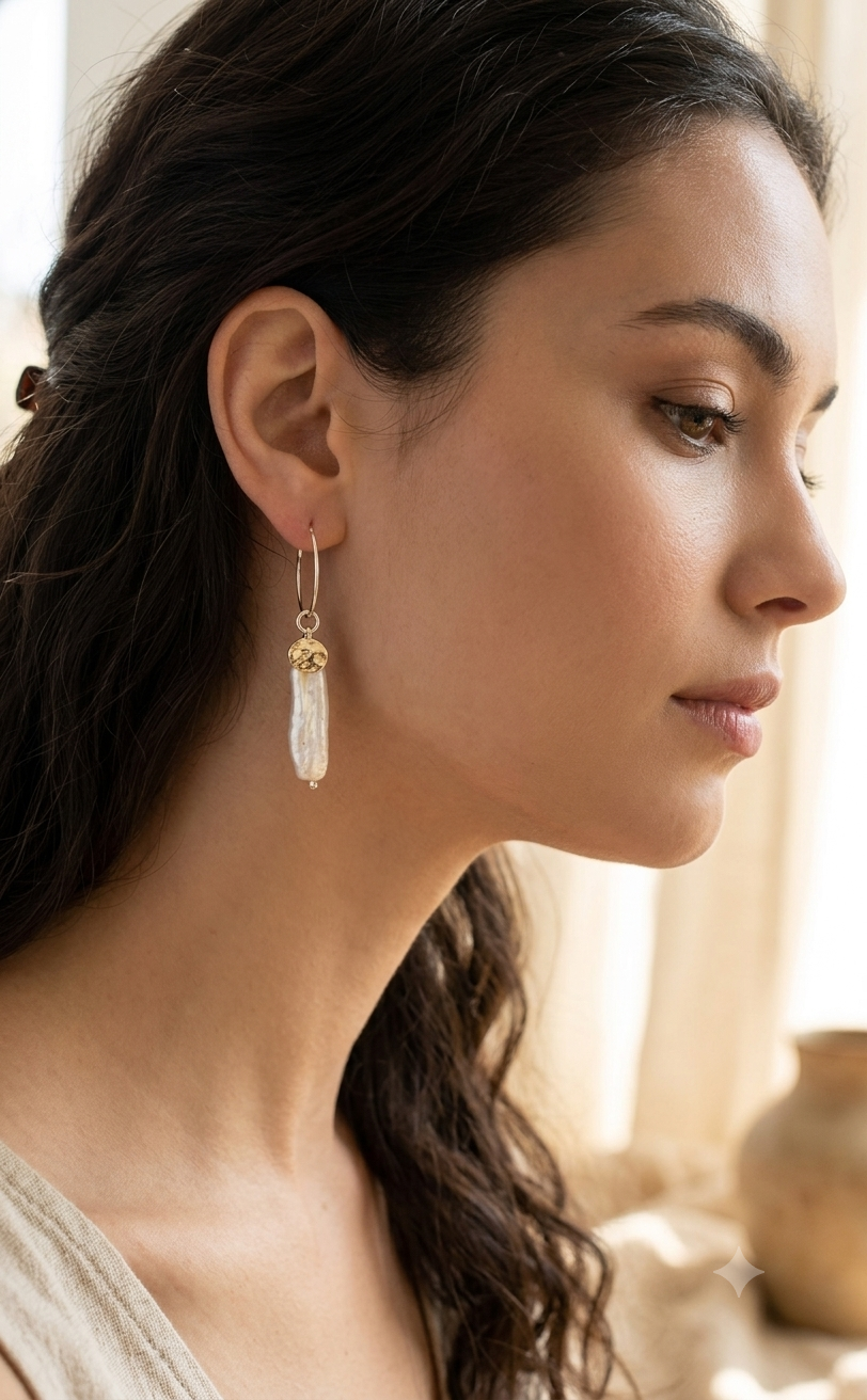 White Biwa Pearl Hoop Earrings