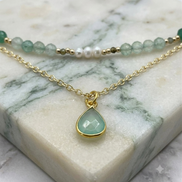 Layered Green Strawberry Quartz, Aquamarine & Pearl Necklace