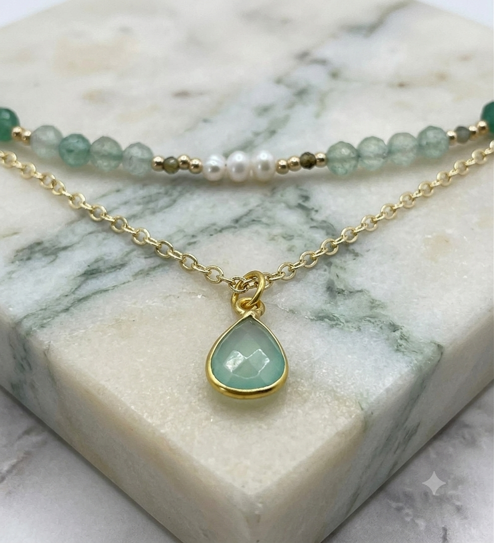 Layered Green Strawberry Quartz, Aquamarine & Pearl Necklace