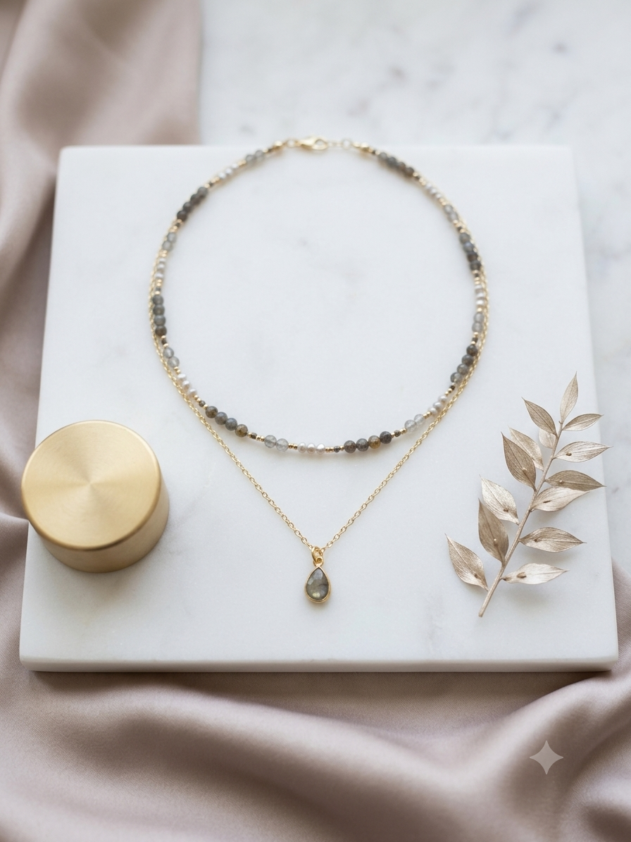 Layered Labradorite, Smoky Quartz & Grey Pearl Necklace