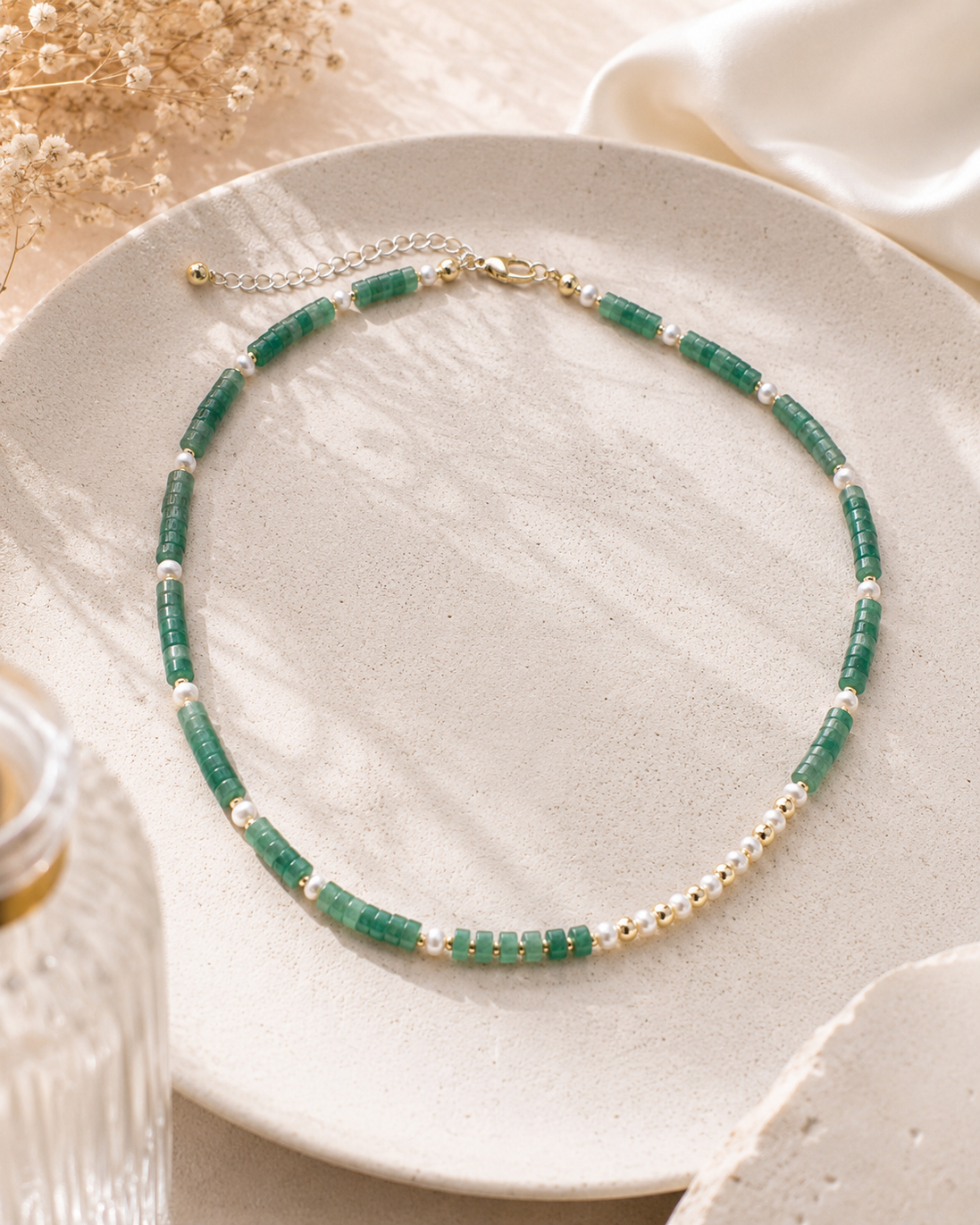 Asymmetrical Aventurine & Freshwater Pearl Necklace