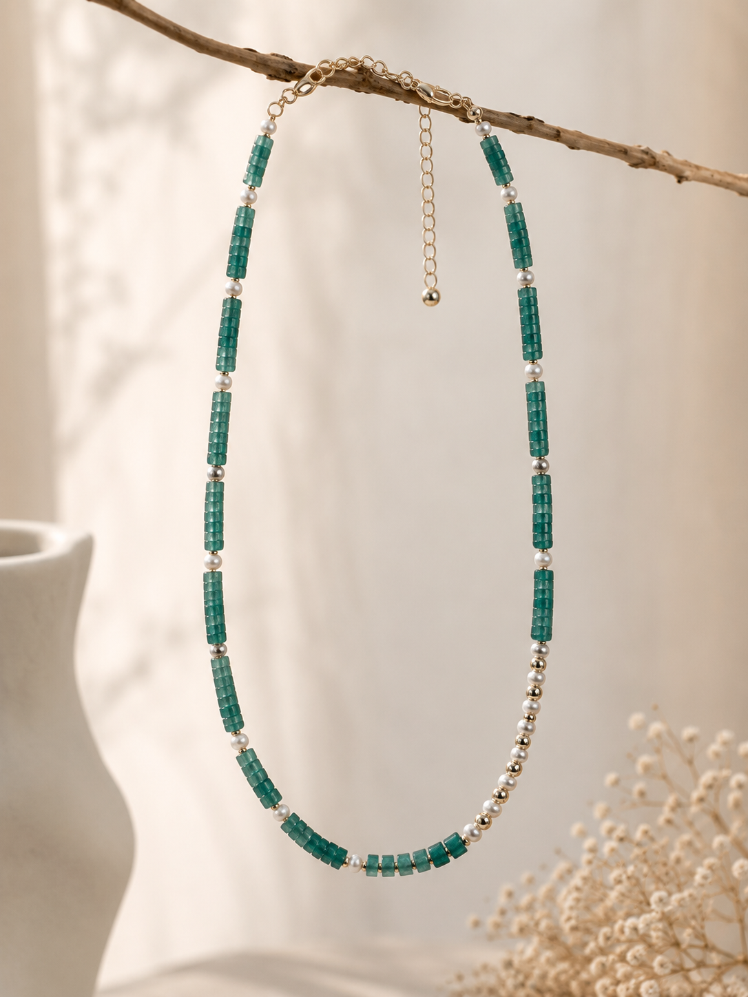 Asymmetrical Aventurine & Freshwater Pearl Necklace