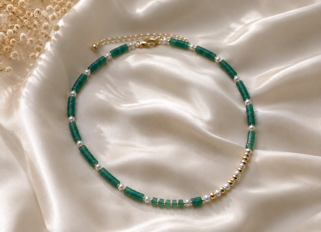 Asymmetrical Aventurine & Freshwater Pearl Necklace
