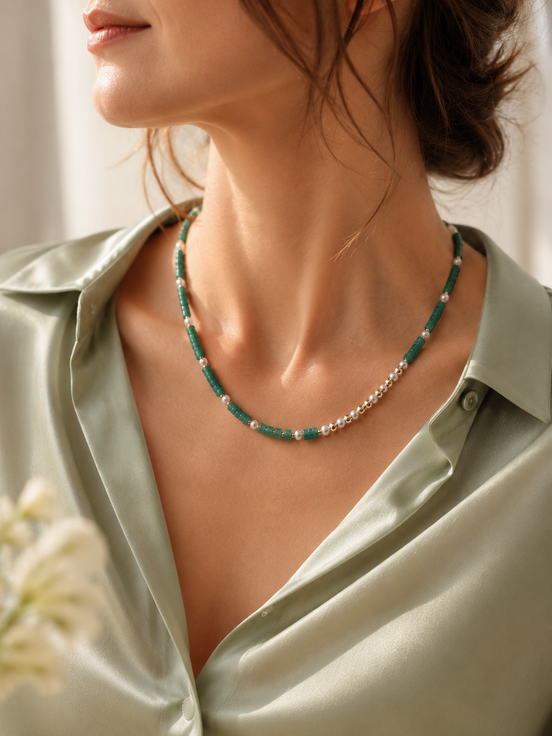 Asymmetrical Aventurine & Freshwater Pearl Necklace