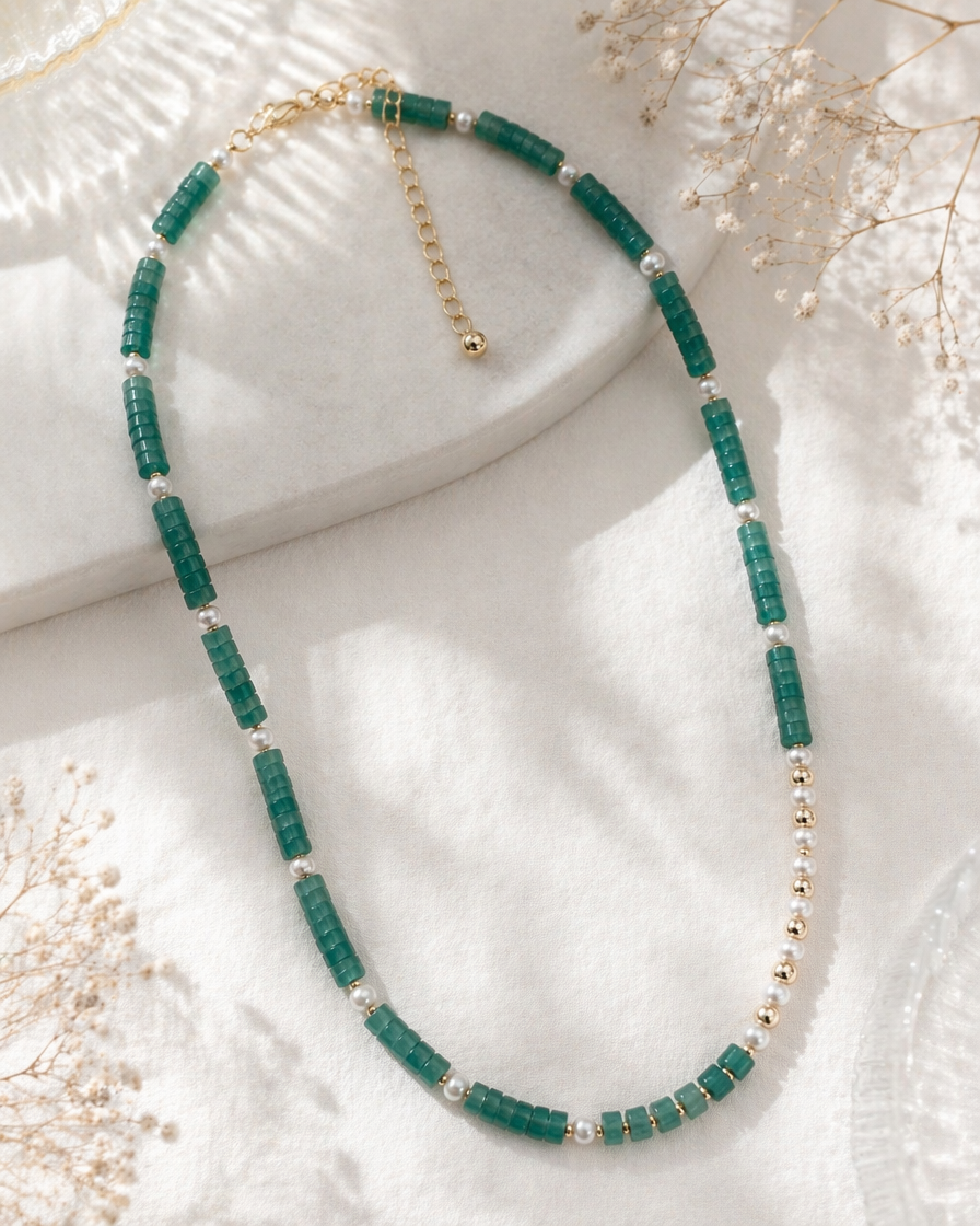 Asymmetrical Aventurine & Freshwater Pearl Necklace