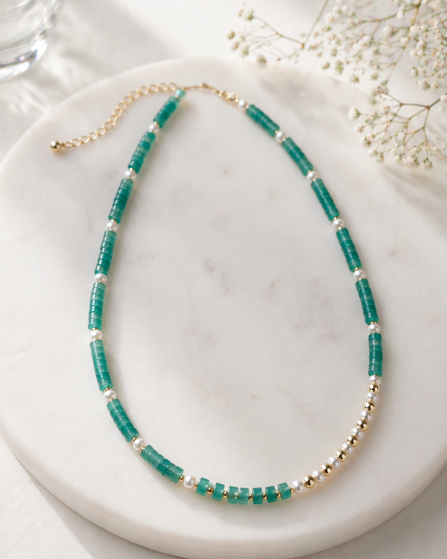 Asymmetrical Aventurine & Freshwater Pearl Necklace