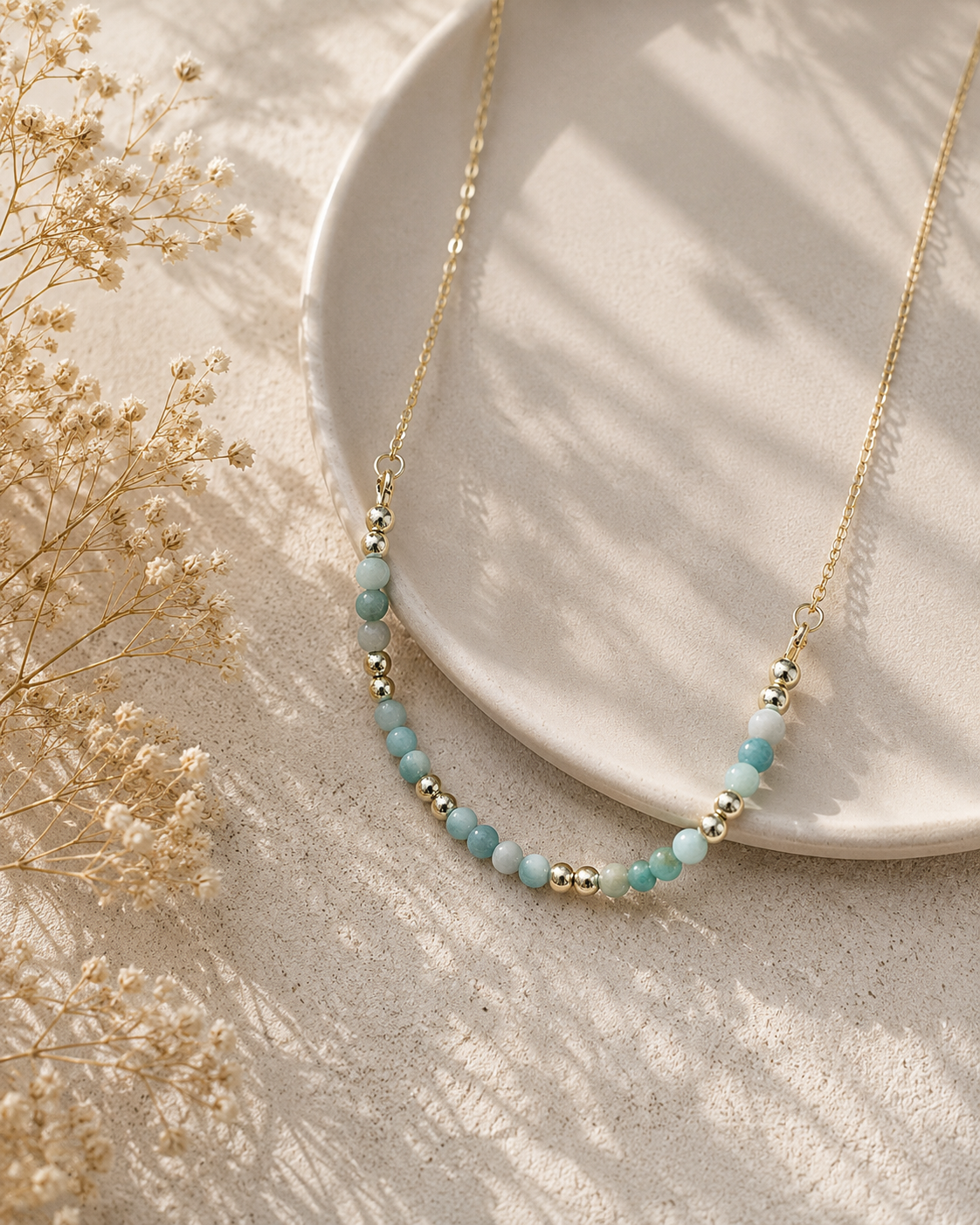 Amazonite Beaded Necklace in 14K Gold Plate